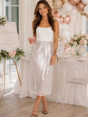 1. State Shimmer Clear Sequin Column Midi Skirt Grey Silver Mist M NWT